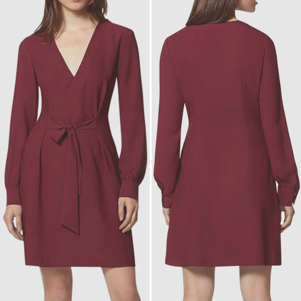 Avec Les‎ Filles Burgundy Long Sleeve V-Neck Tie Front A-Line Dress